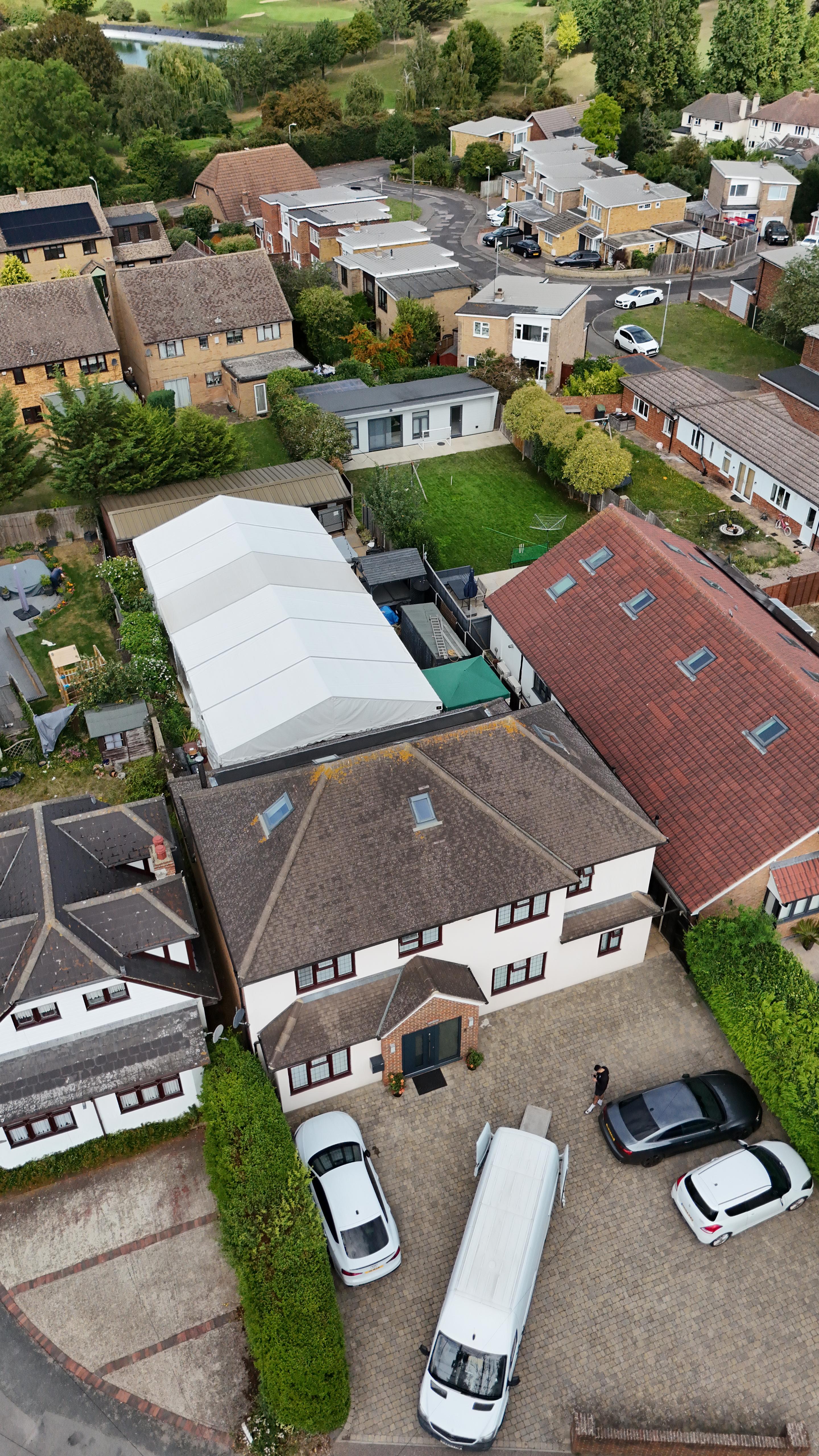 Aerial view of marquee installation in residential neighbourhood — Regiis Events Gravesend Kent